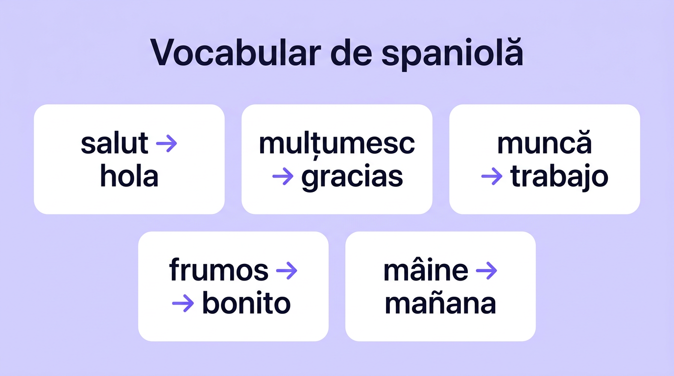 Infografic cu vocabular de spaniolă: cinci perechi de cuvinte în română și echivalentele lor în spaniolă