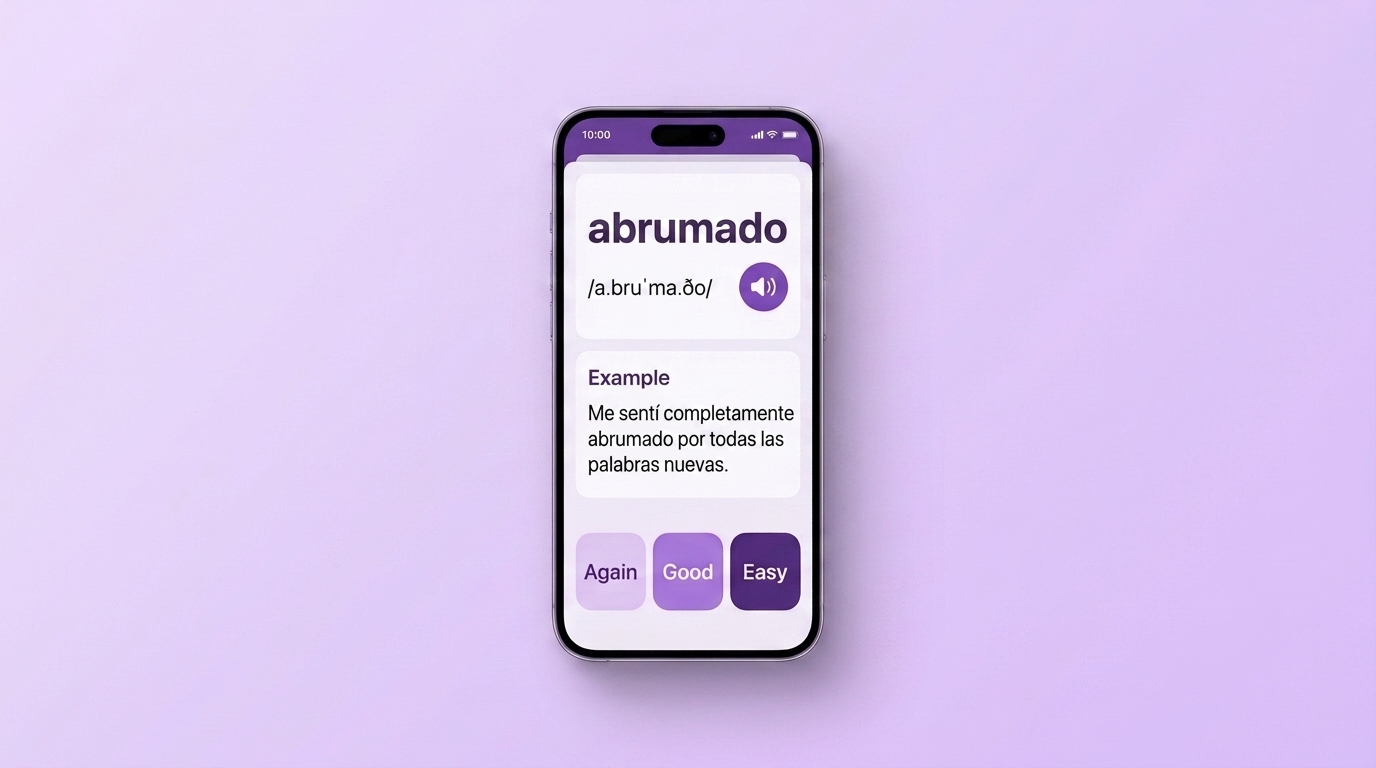 A Spanish word card for abrumado with pronunciation, audio and an example sentence