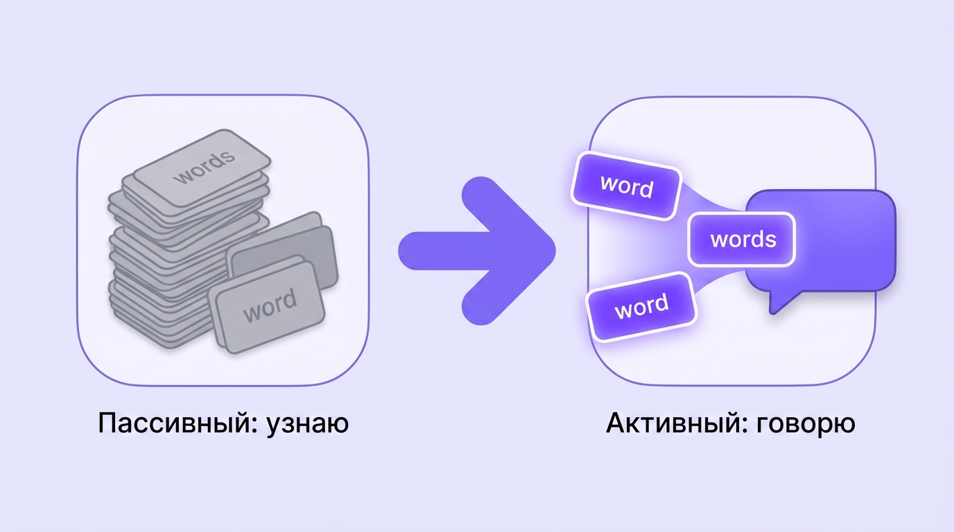 Схема: пассивный словарь (узнаю) превращается в активный (говорю)