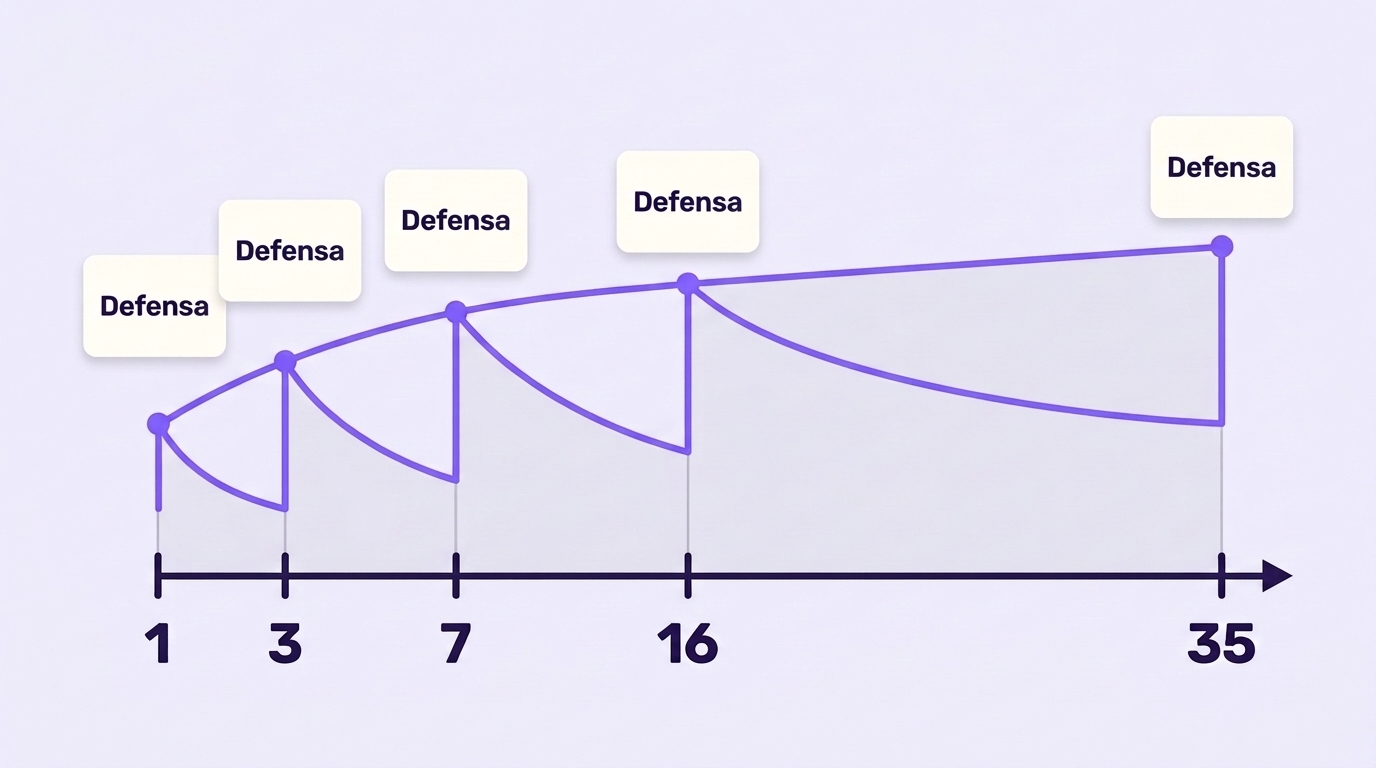Spaced repetition schedule: the word comes back on day 1, 3, 7, 16 and 35, and the forgetting curve decays more slowly each time