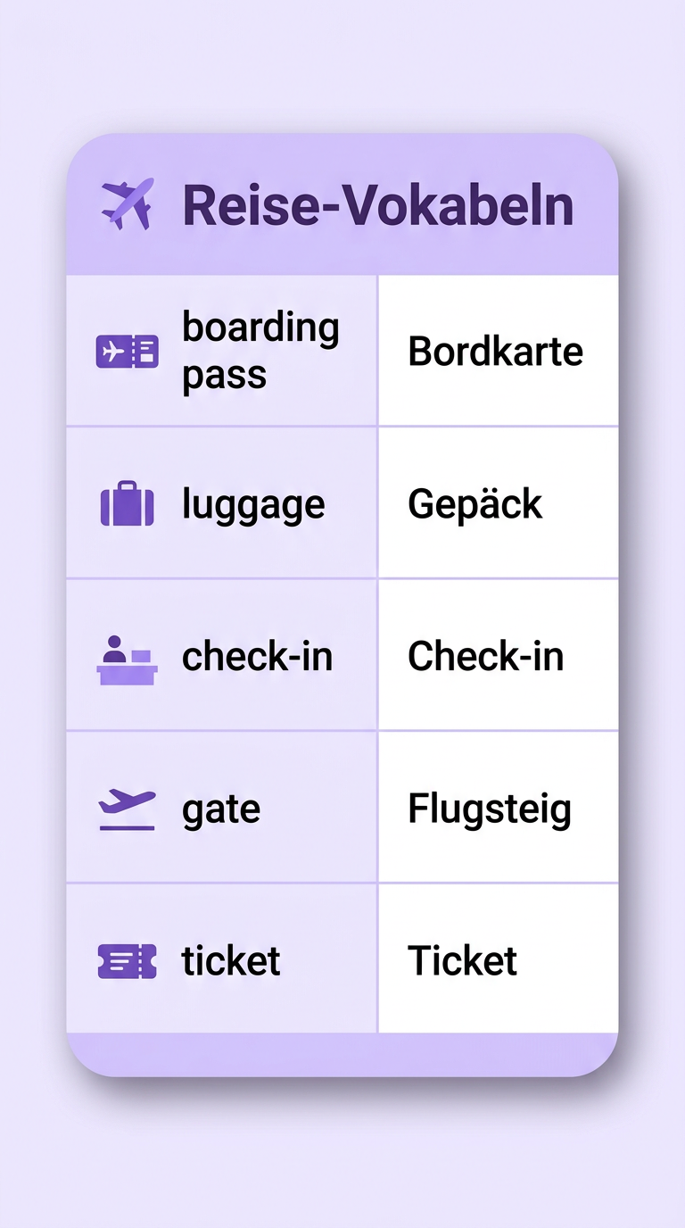 Reise-Sprachführer: englische Wörter mit deutscher Übersetzung (Bordkarte, Gepäck, Check-in, Flugsteig, Ticket)