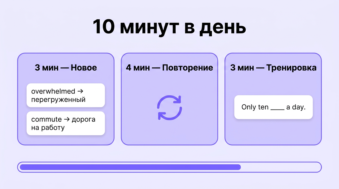Как разбить 10 минут: 3 минуты новое, 4 минуты повторение, 3 минуты тренировка
