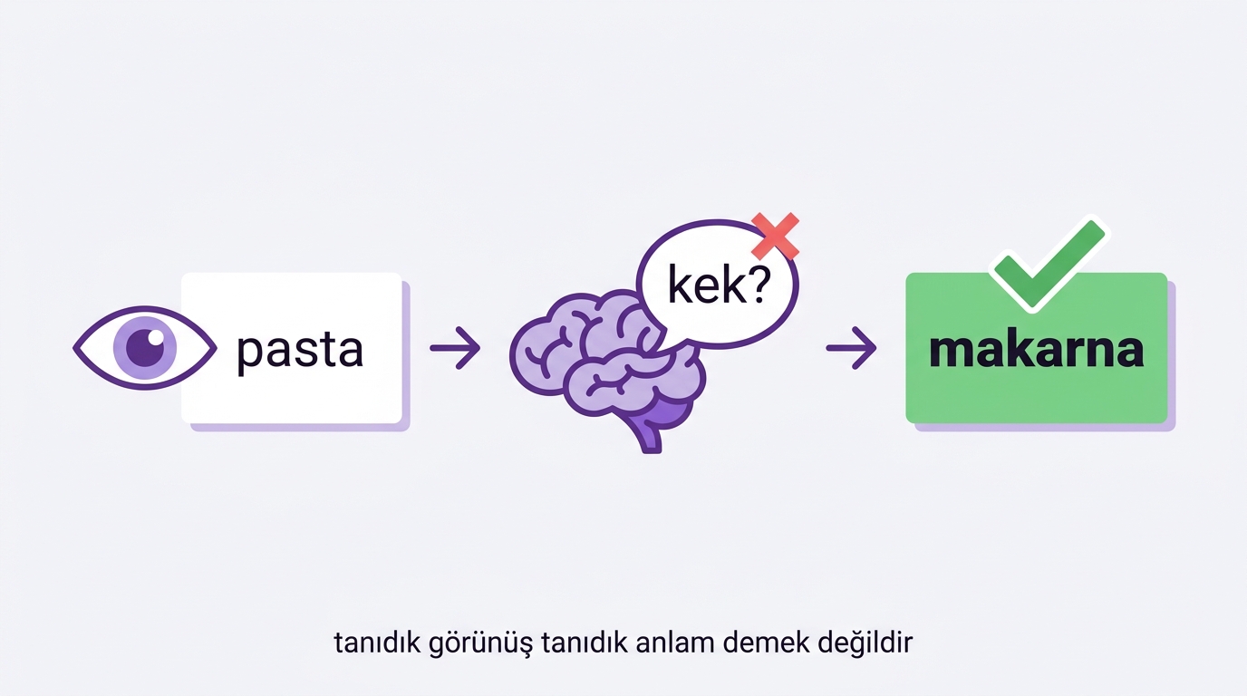 Tuzak: pasta kelimesini görürsün, beyin kek der, gerçek anlamı makarna