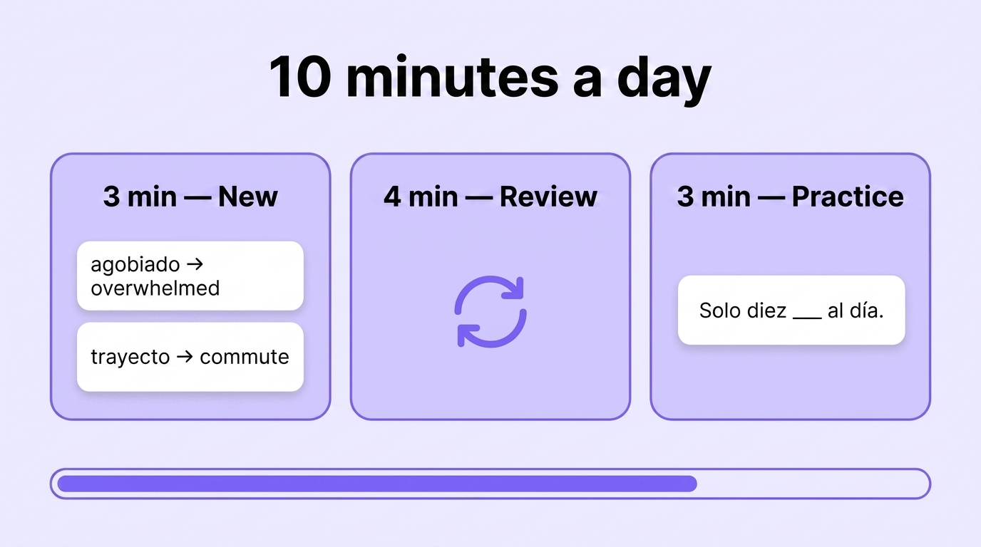 How to split 10 minutes: 3 minutes new words, 4 minutes review, 3 minutes practice