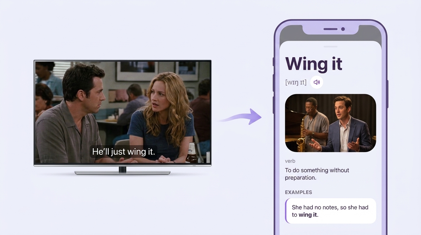 Uma fala de série na tela e o card da palavra wing it no app VibeLing