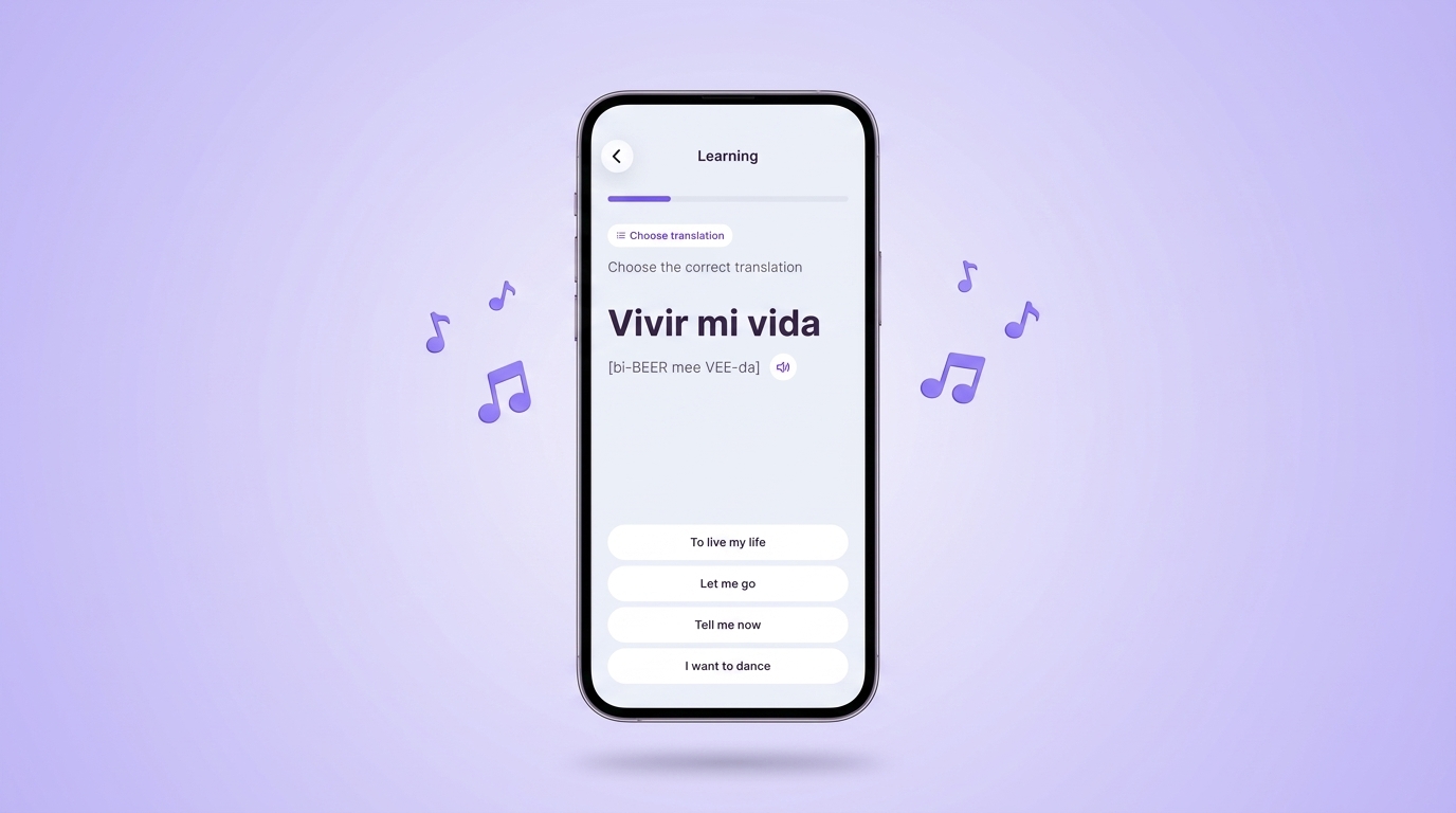 Practising a phrase from a song in the VibeLing app