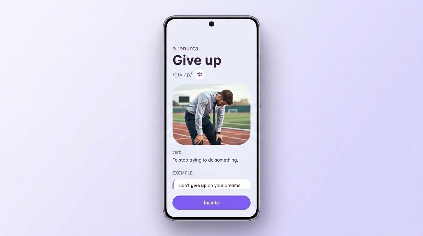 Cardul phrasal verb-ului give up în VibeLing: traducere, transcriere, audio și exemplu