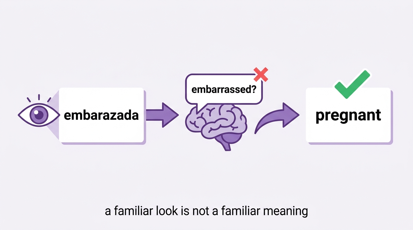 The trap: you see embarazada, your brain suggests embarrassed, the real meaning is pregnant