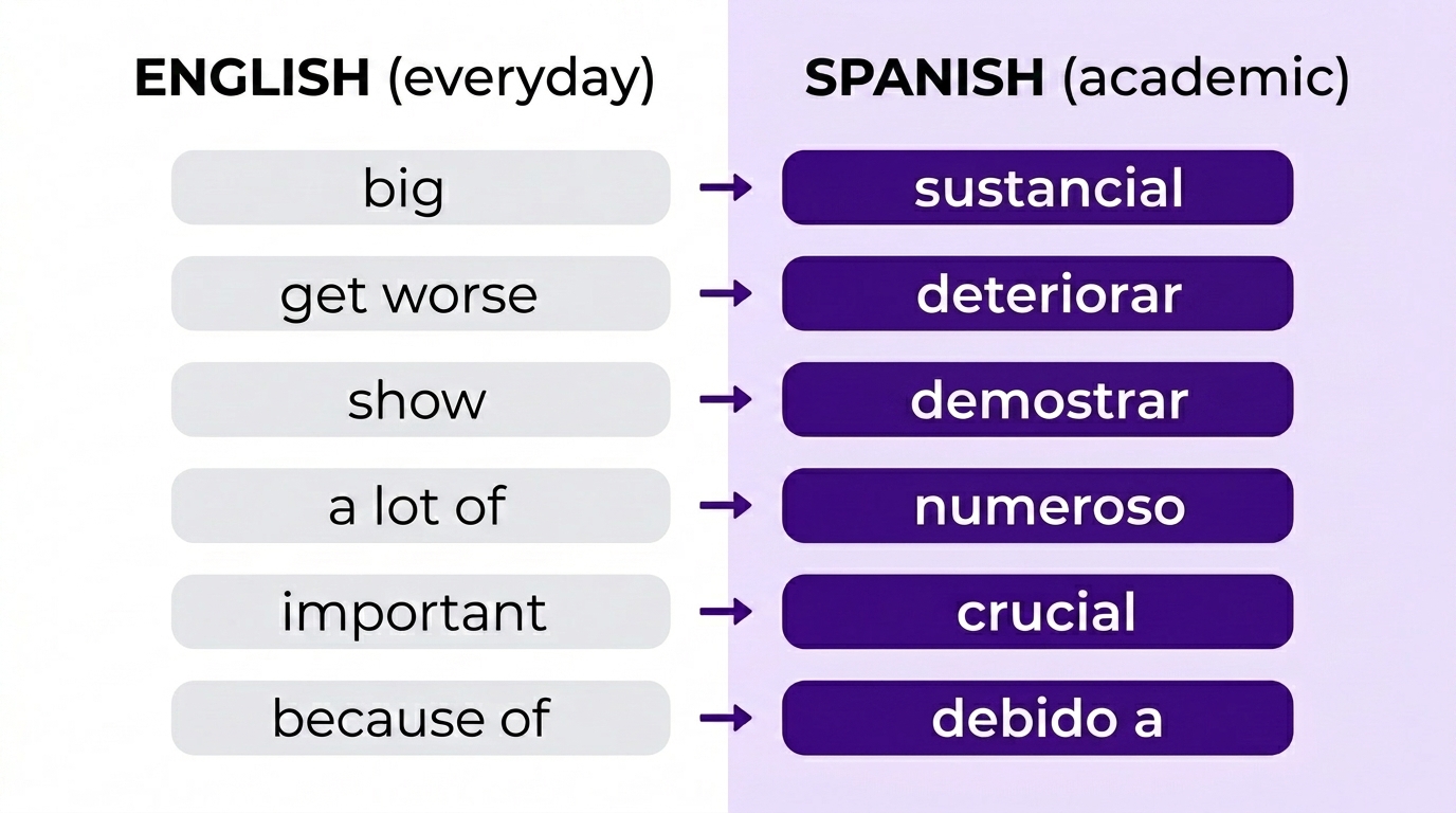 Everyday English words and their Spanish academic equivalents: big / sustancial, get worse / deteriorar, show / demostrar