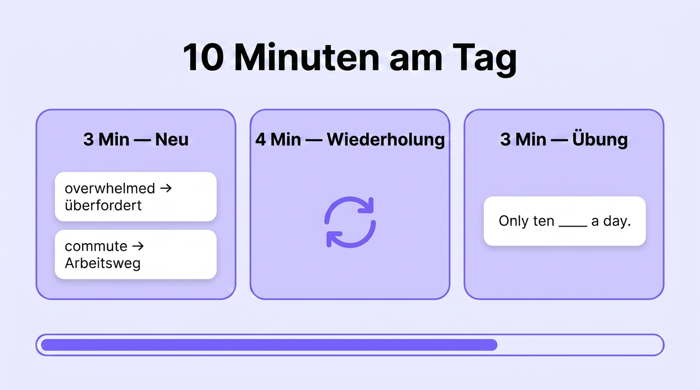 So teilst du 10 Minuten: 3 Minuten Neu, 4 Minuten Wiederholung, 3 Minuten Üben