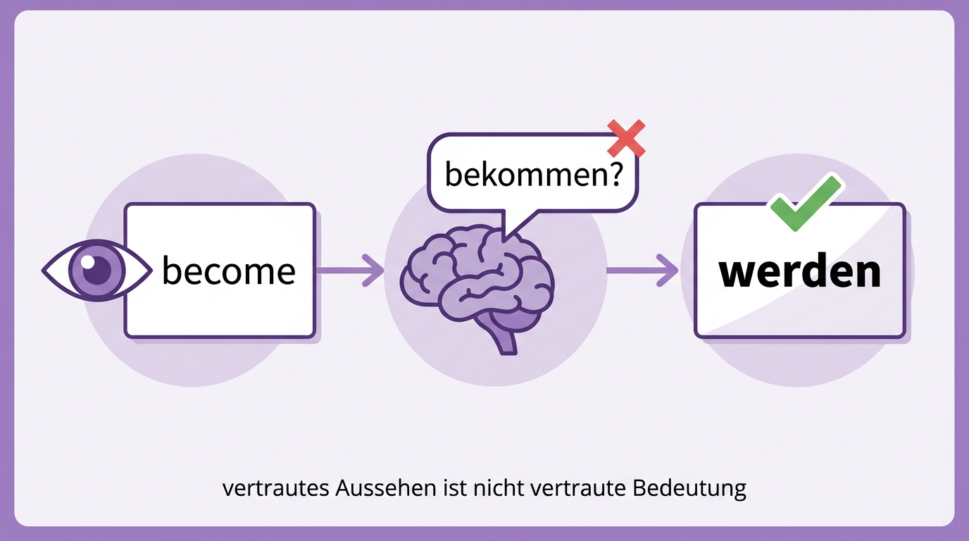 Die Falle: du siehst become, das Gehirn schlägt bekommen vor, die echte Bedeutung ist werden