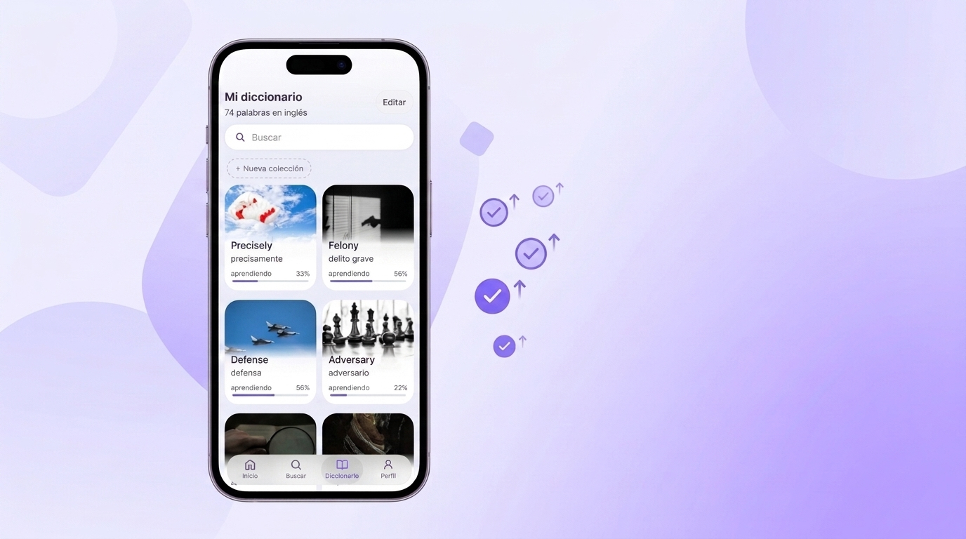 La app VibeLing mostrando el progreso de cada palabra