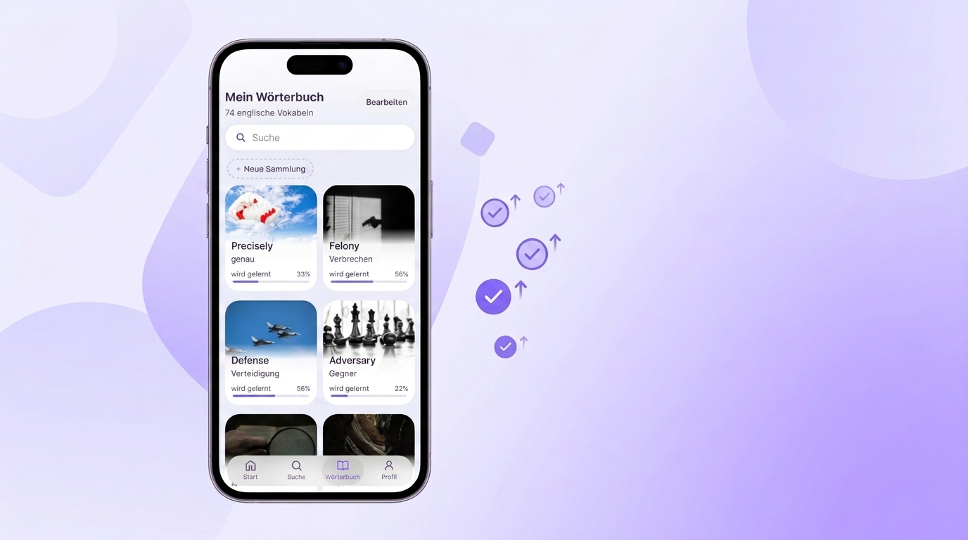VibeLing-App mit Lernfortschritt pro Vokabel