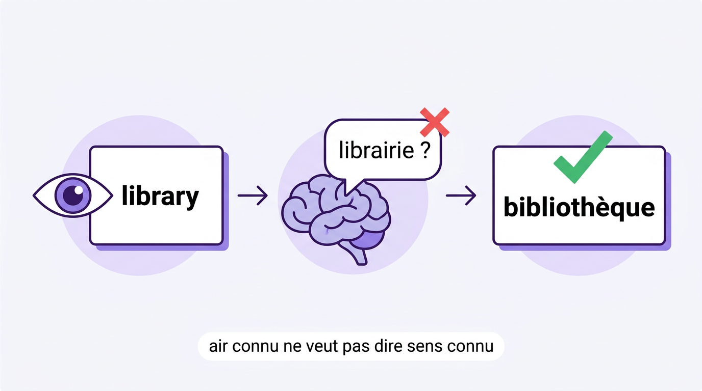 Le piège : vous voyez library, le cerveau propose librairie, le vrai sens est bibliothèque