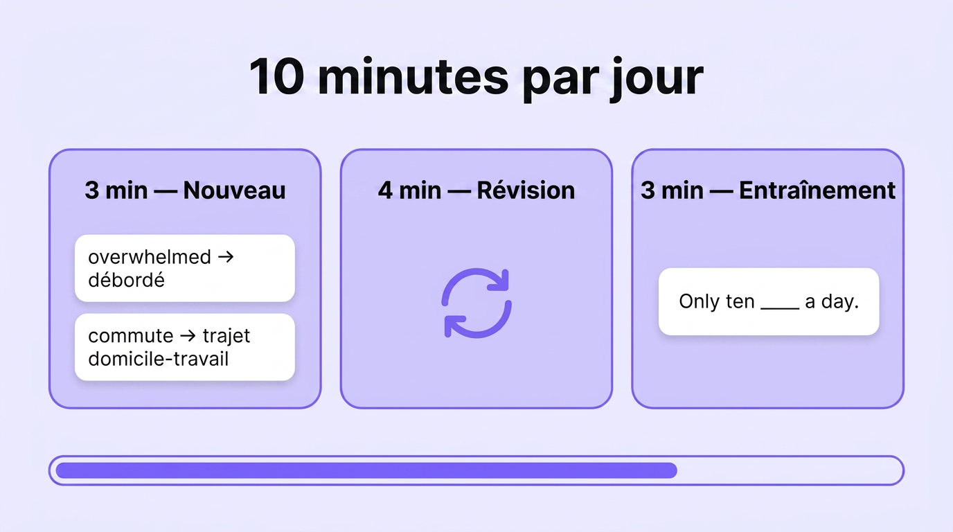 Comment répartir 10 minutes : 3 minutes nouveau, 4 minutes révision, 3 minutes entraînement