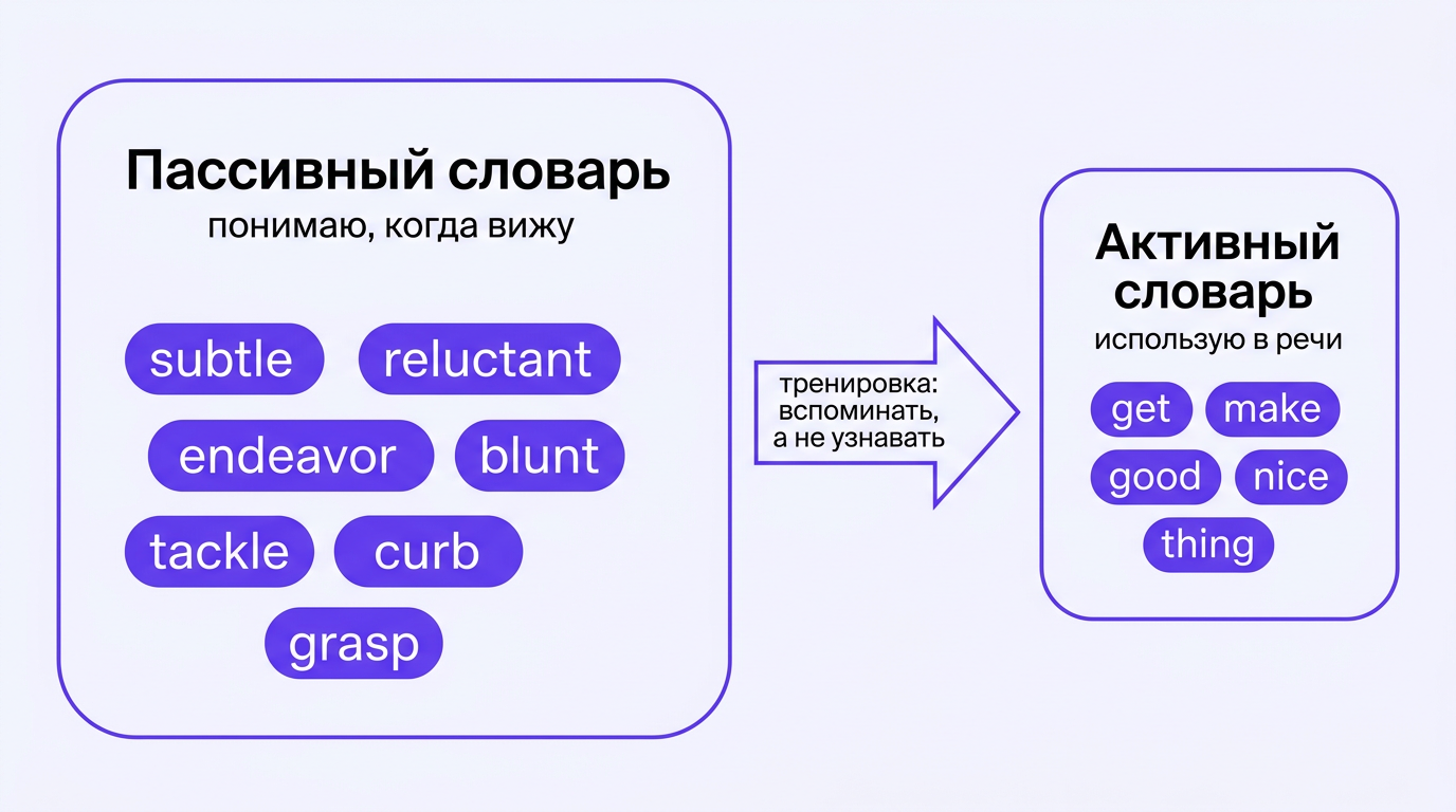 Пассивный и активный словарный запас: понимаю при чтении против использую в речи