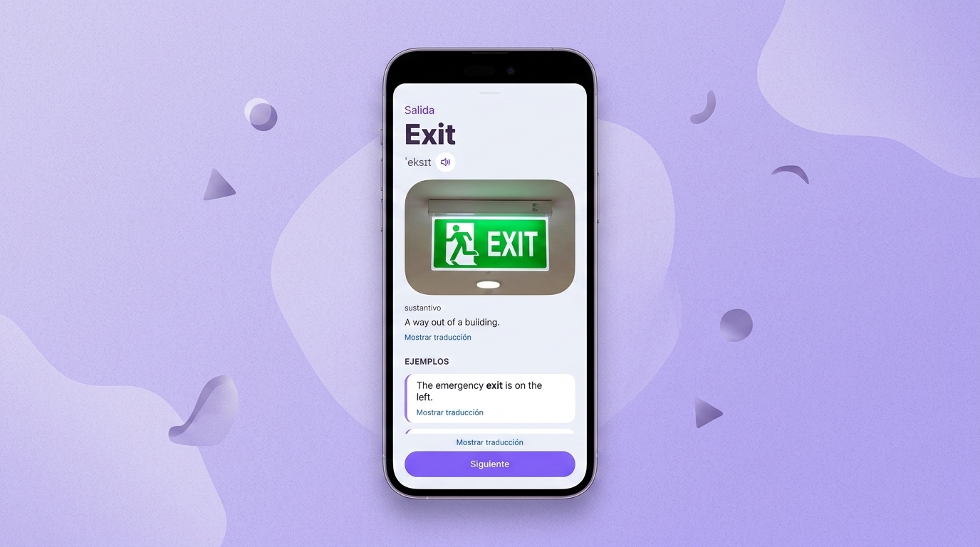 Tarjeta de la palabra exit en VibeLing: traducción, transcripción, definición y ejemplo