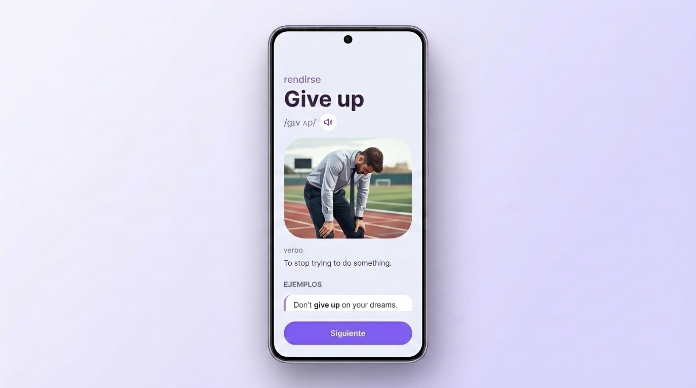 Ficha del phrasal verb give up en VibeLing: traducción, transcripción, audio y ejemplo