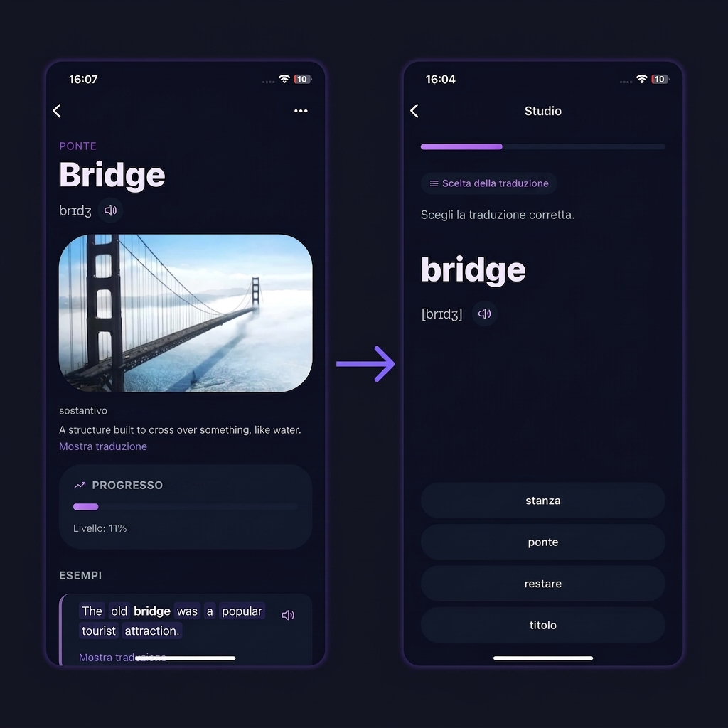 VibeLing: scheda della parola inglese bridge ed esercizio di scelta della traduzione