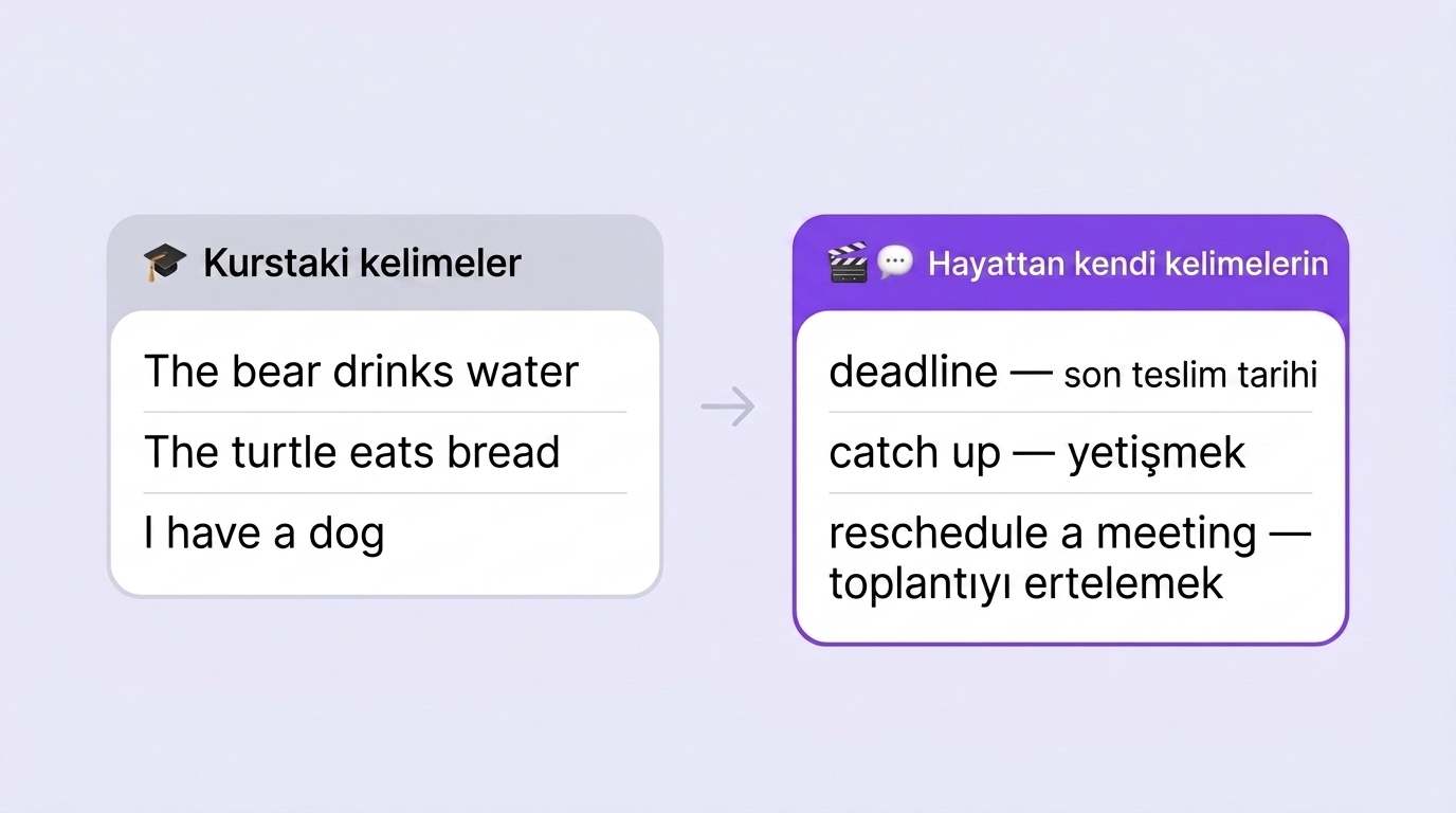 Kurstaki kelimeler ile hayattan gelen kendi kelimelerinin karşılaştırması