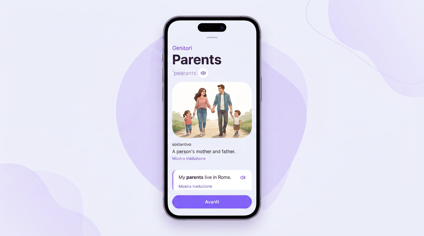 Scheda della parola parents in VibeLing: traduzione, trascrizione, definizione ed esempio