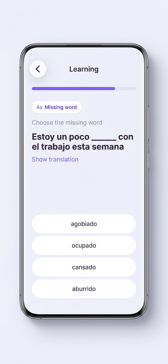 VibeLing exercise: pick the missing Spanish word in a sentence