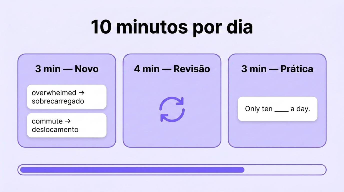Como dividir os 10 minutos: 3 minutos de novo, 4 de revisão, 3 de treino