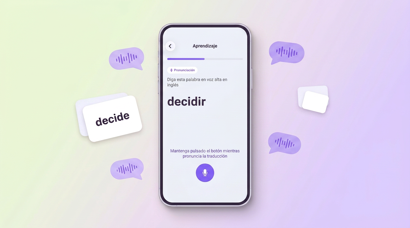 Pantalla de práctica de pronunciación en VibeLing: la palabra en español hay que decirla en inglés
