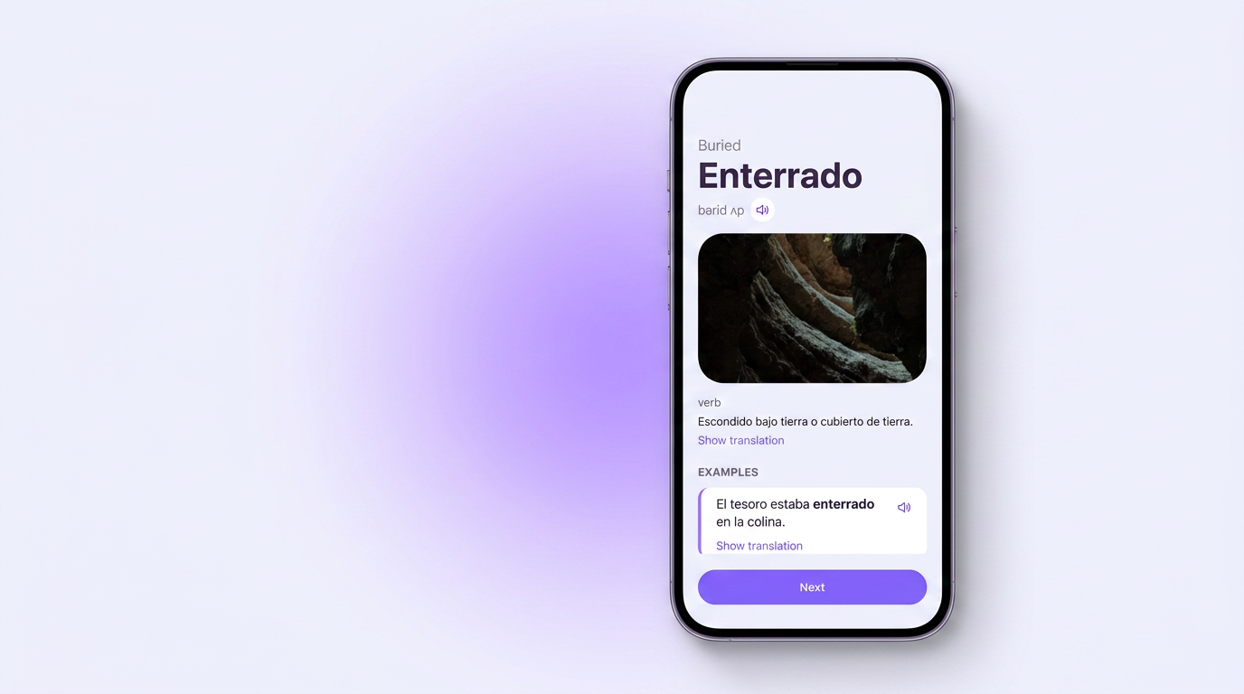 A Spanish word card in VibeLing: translation, transcription, audio, definition and an example sentence