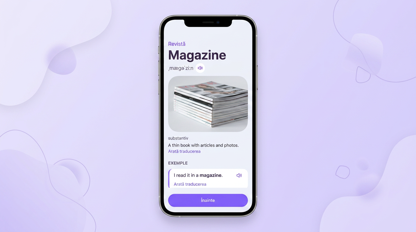 Cardul cuvântului magazine în VibeLing: traducere, transcriere, definiție și exemplu
