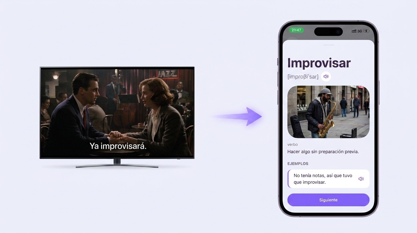 A line from a TV series on screen and the word card for improvisar in the VibeLing app