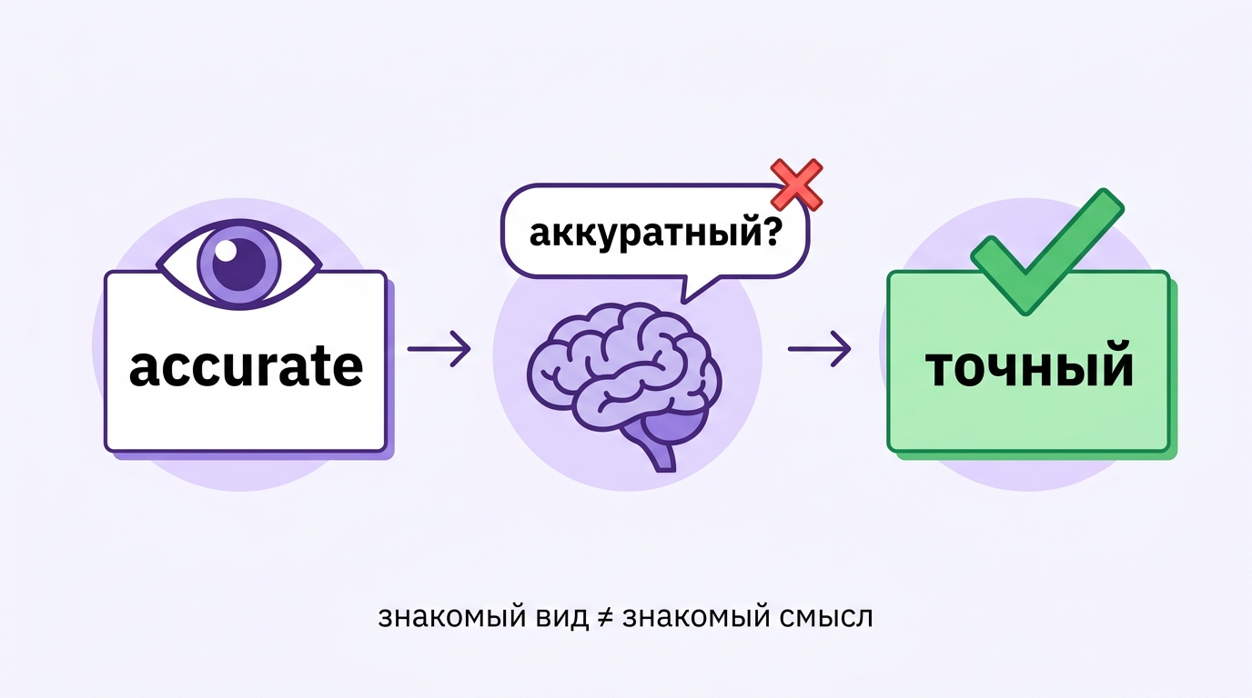Схема ловушки: видим accurate, мозг подсказывает аккуратный, правильный перевод — точный