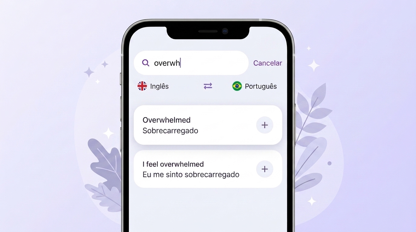 Tela do VibeLing: salvando a palavra overwhelmed com a tradução