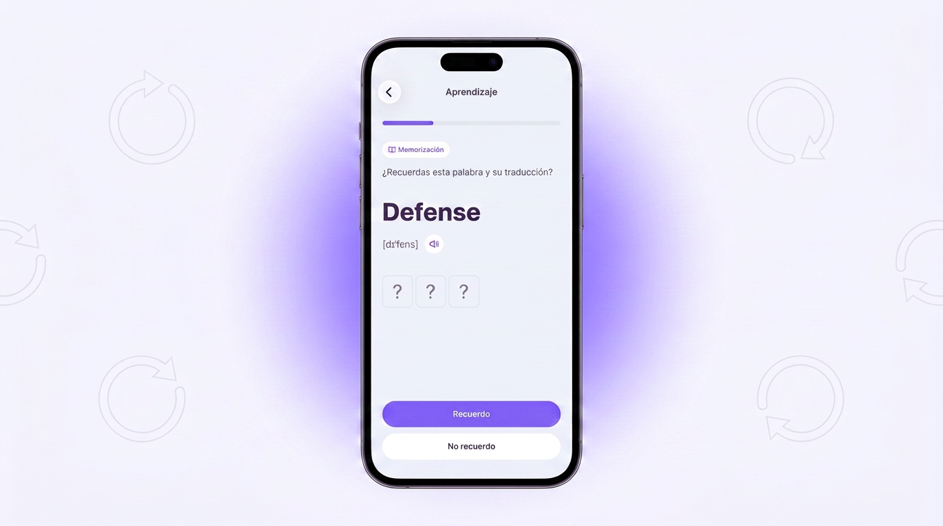 Entrenamiento en VibeLing: comprobando si recuerdas la palabra Defense y su traducción