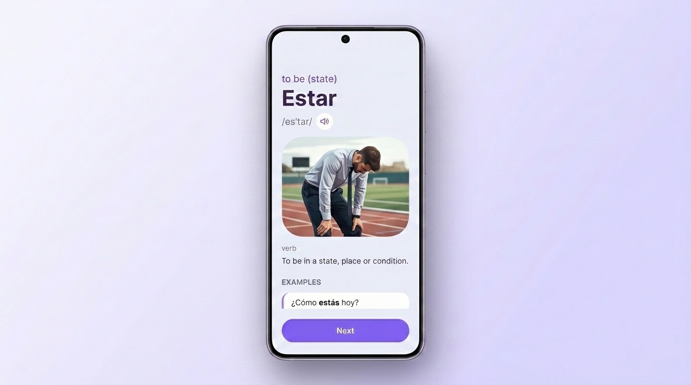 Estar word card in VibeLing with translation, audio and example