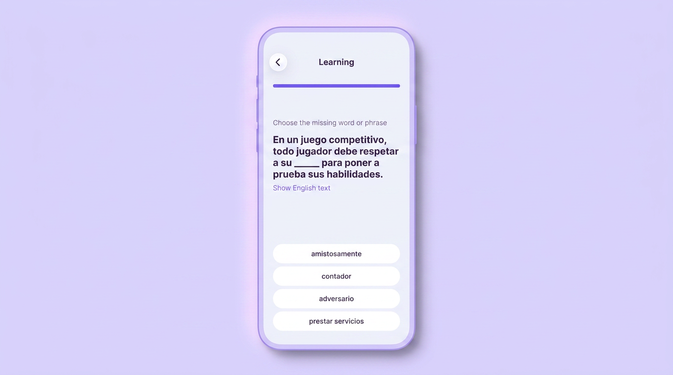 Practice screen: choose the missing word in a Spanish sentence