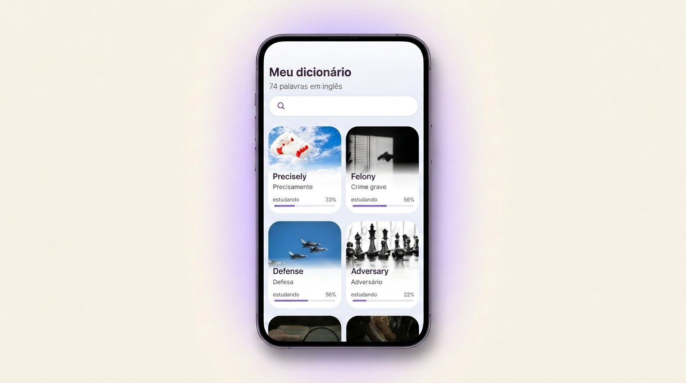 A tela «Meu dicionário» no VibeLing: cartões de palavras em inglês com a porcentagem de domínio