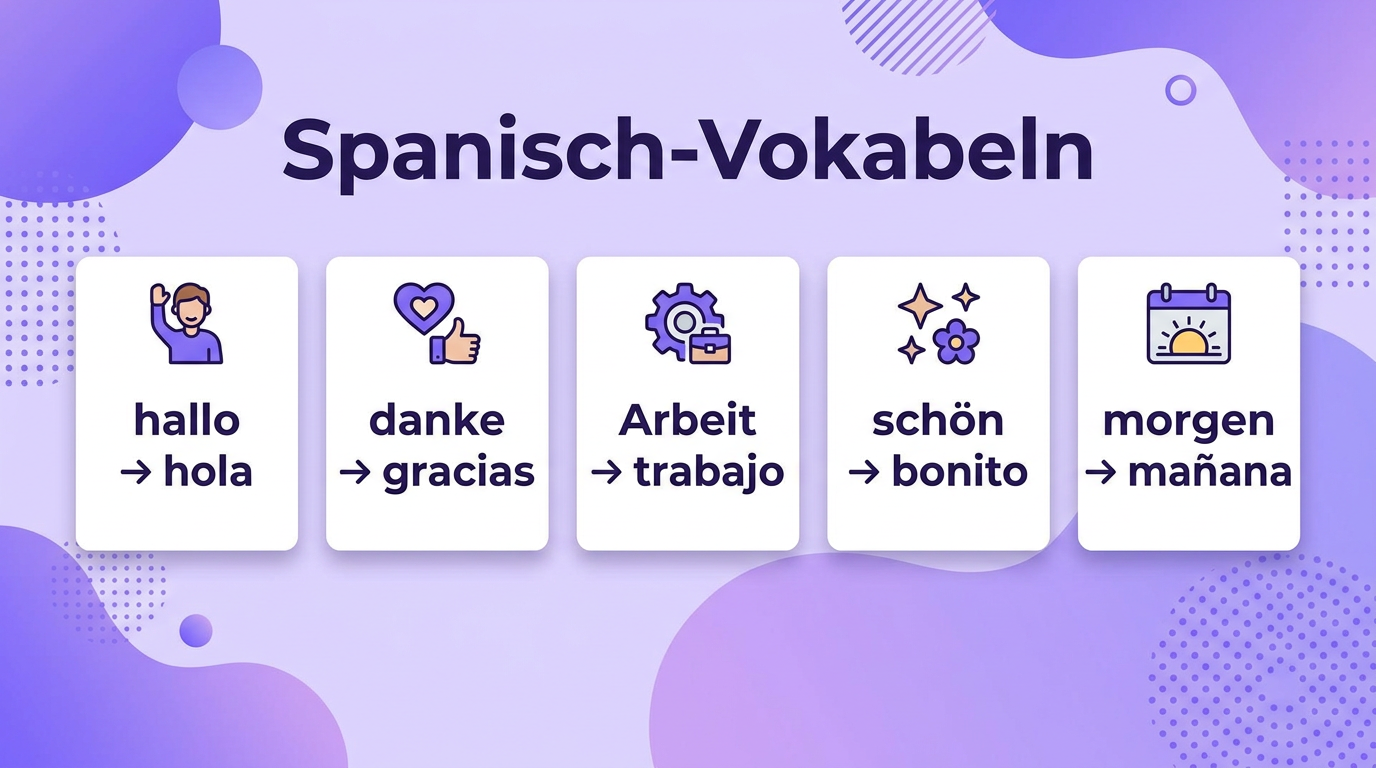 Infografik mit fünf Wortpaaren Deutsch-Spanisch: hallo, danke, Arbeit, schön, morgen