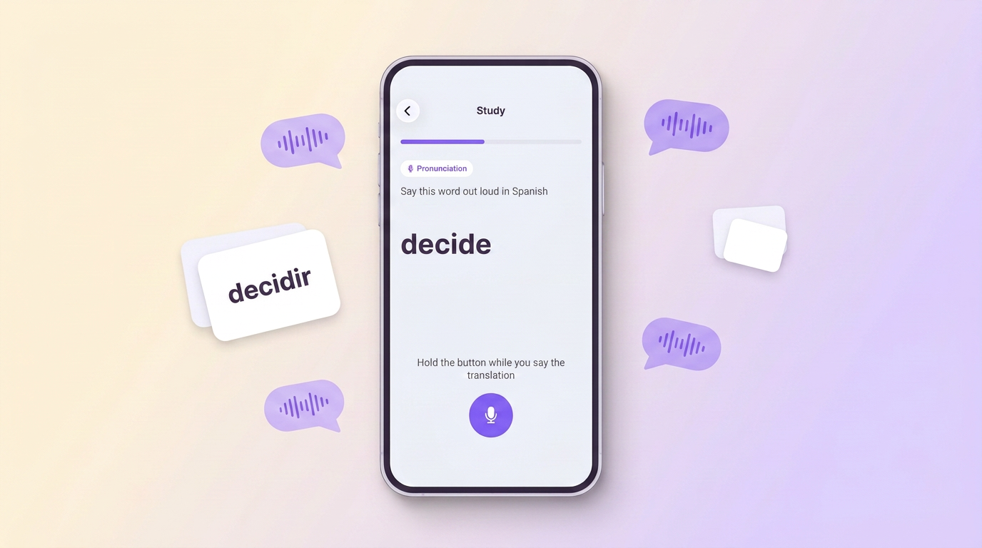 VibeLing pronunciation practice: the English word on screen has to be said in Spanish