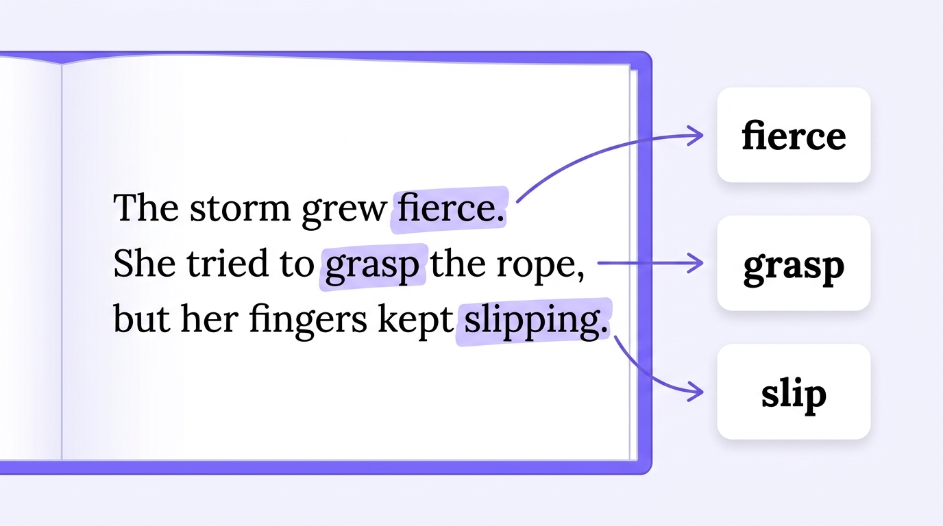 Satz aus einem Buch mit markierten Wörtern und Karten fierce, grasp, slip