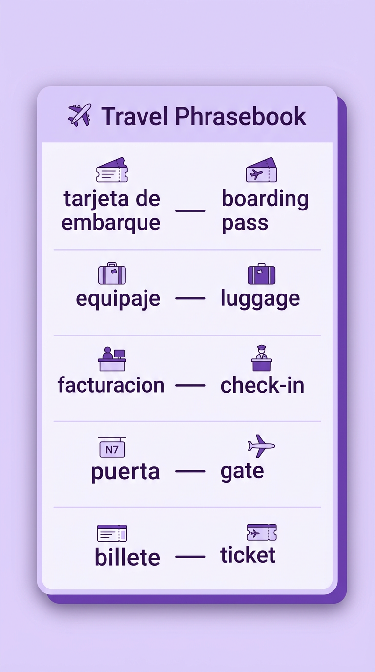 Travel phrasebook: essential Spanish travel words with English translations (tarjeta de embarque, equipaje, facturacion, puerta, billete)