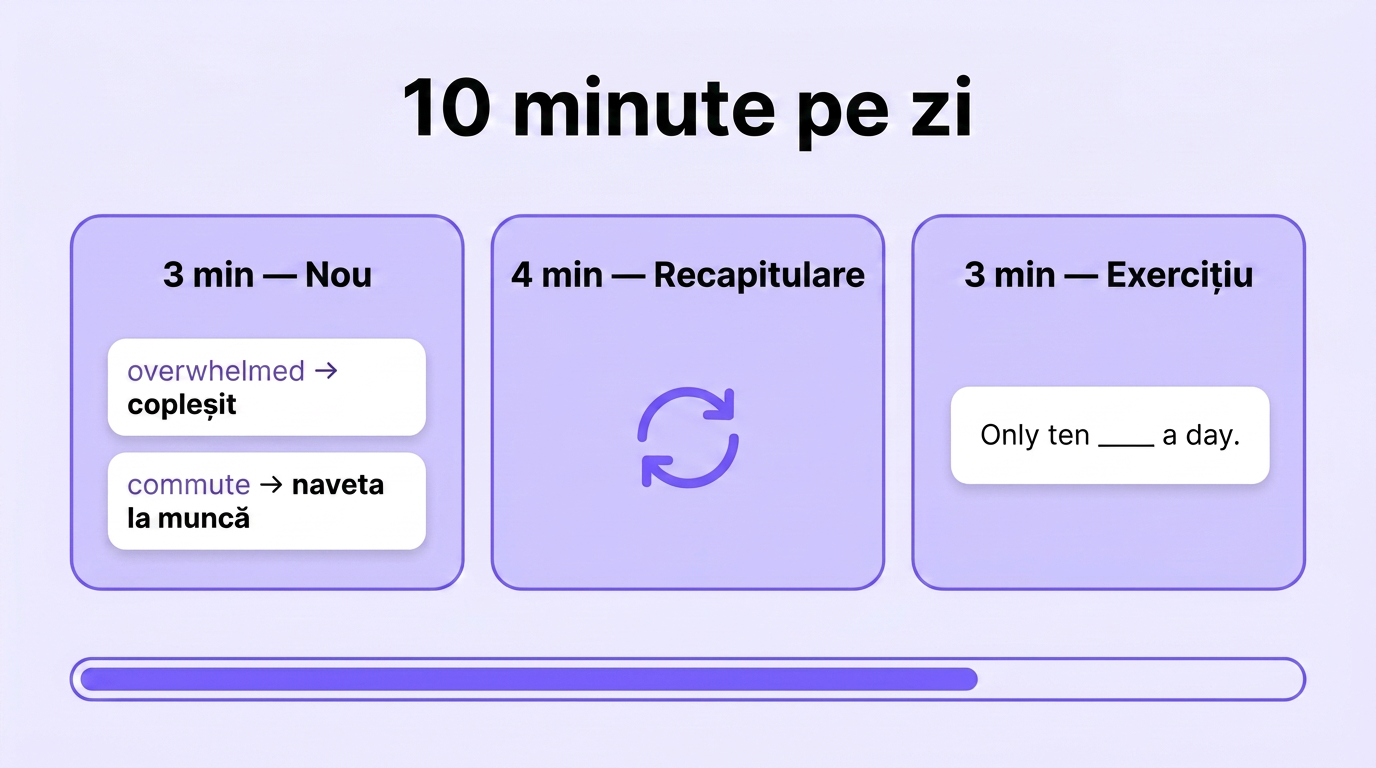 Cum împarți 10 minute: 3 minute nou, 4 minute recapitulare, 3 minute exercițiu